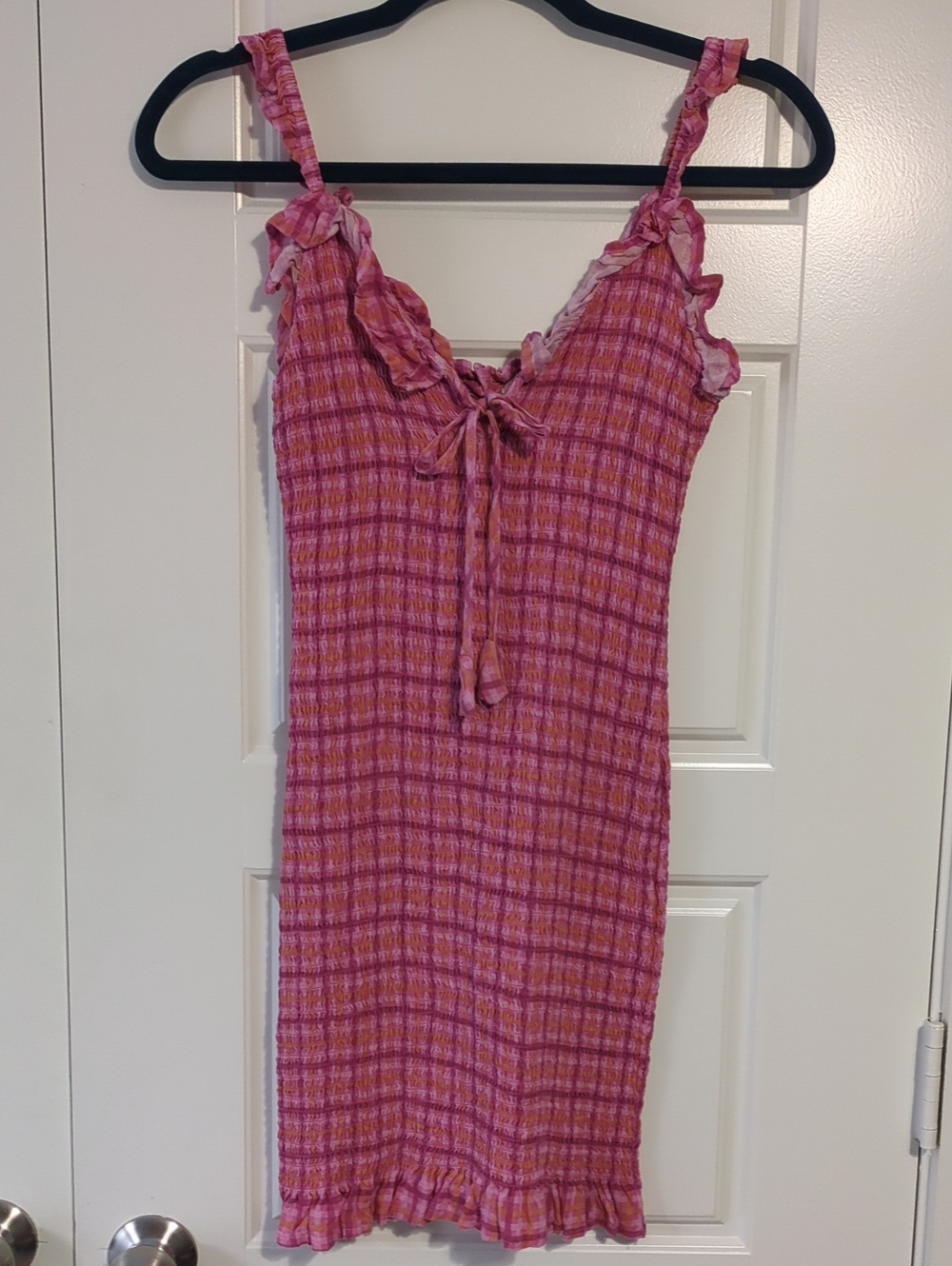 Japna Pink & Orange Checked Smocked Mini Dress